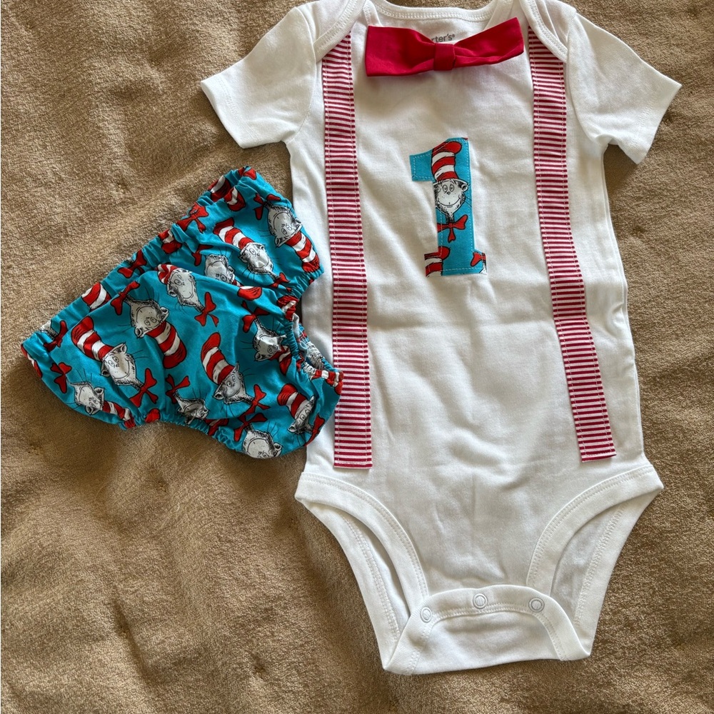 Carter's White Onesie and Teal Dr. Seuss Print Bloomers Set with Red Accents